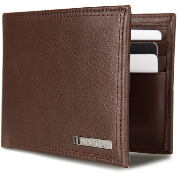 Men's Logo - Brown Bifold Leather Wallet RFID Blocking ID Window Card Slots - Picture 4 of 7